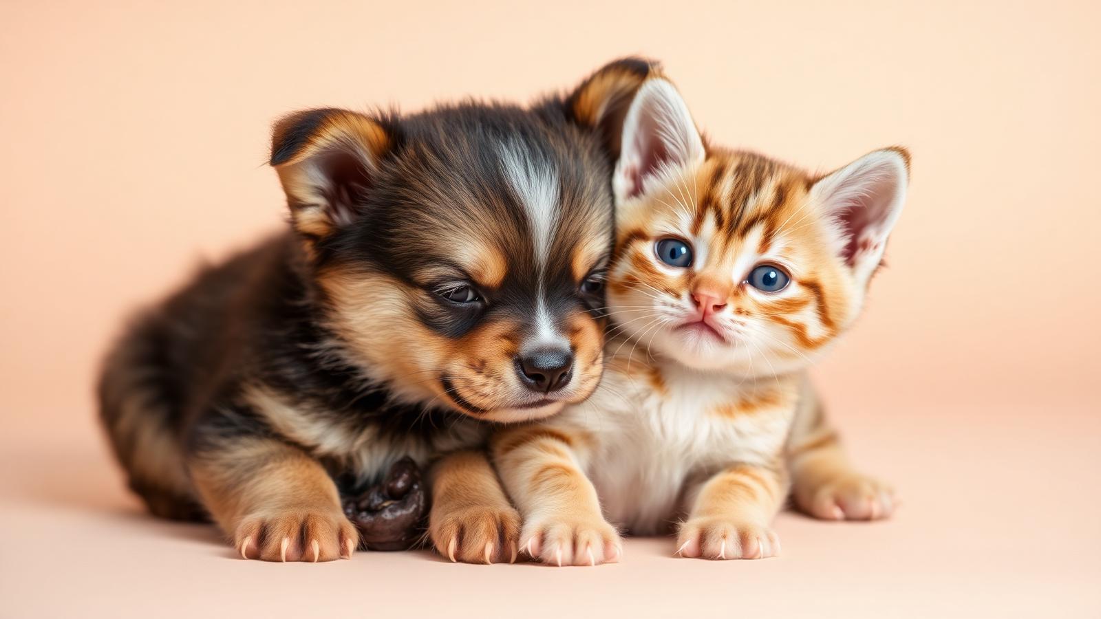 Puppy and kitten cuddling
